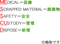 MEDICAL(医療)、SCRAPPED MATERIAL(廃棄物)、SAFETY(安全)、CUSTODY(管理)、DISPOSE(処理)